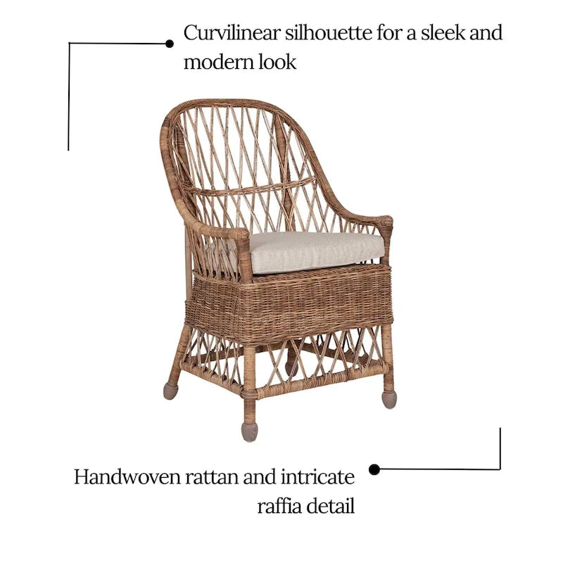 Curvilinear Handwoven Rattan Cushioned Dining Chair - 22x23x39