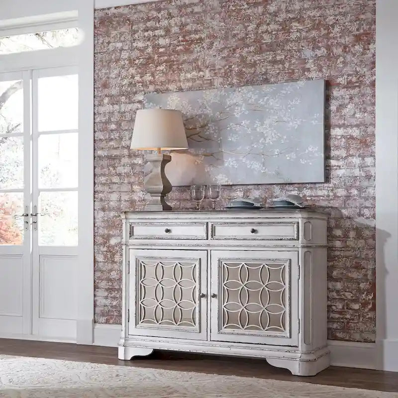Antique White Mirrored Buffet with Poplar Solids and Oak Veneers