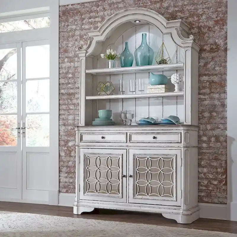 Antique White Mirrored Buffet with Poplar Solids and Oak Veneers