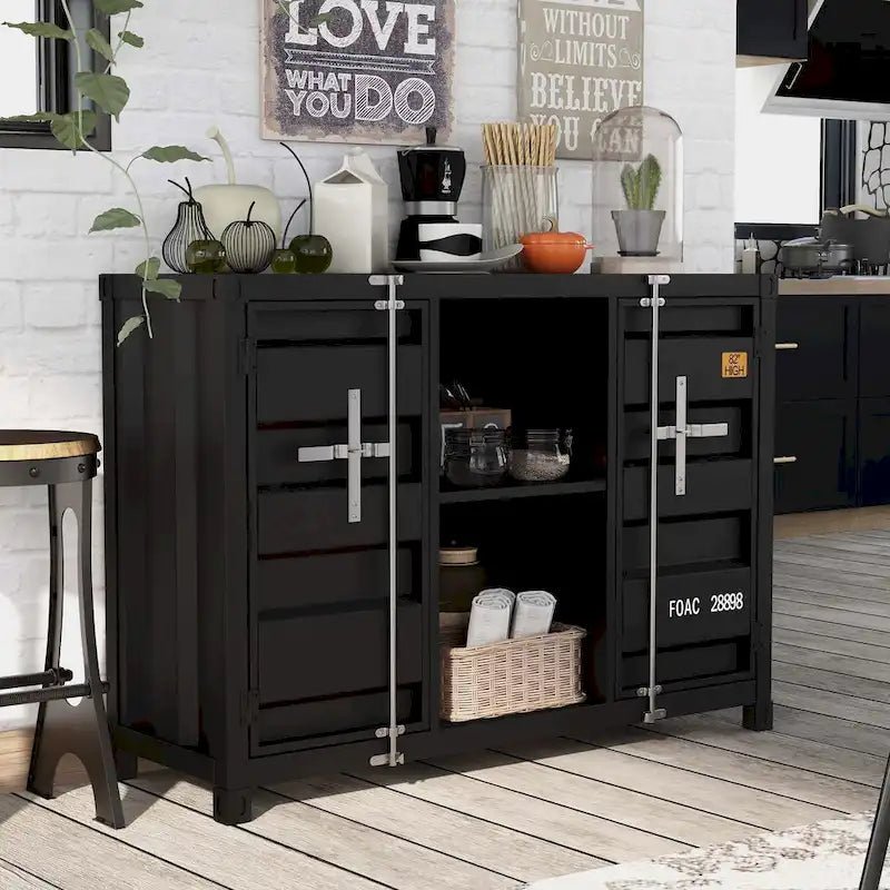 Industrial 46-inch Steel 6-Shelf Console Table with Side Cabinets