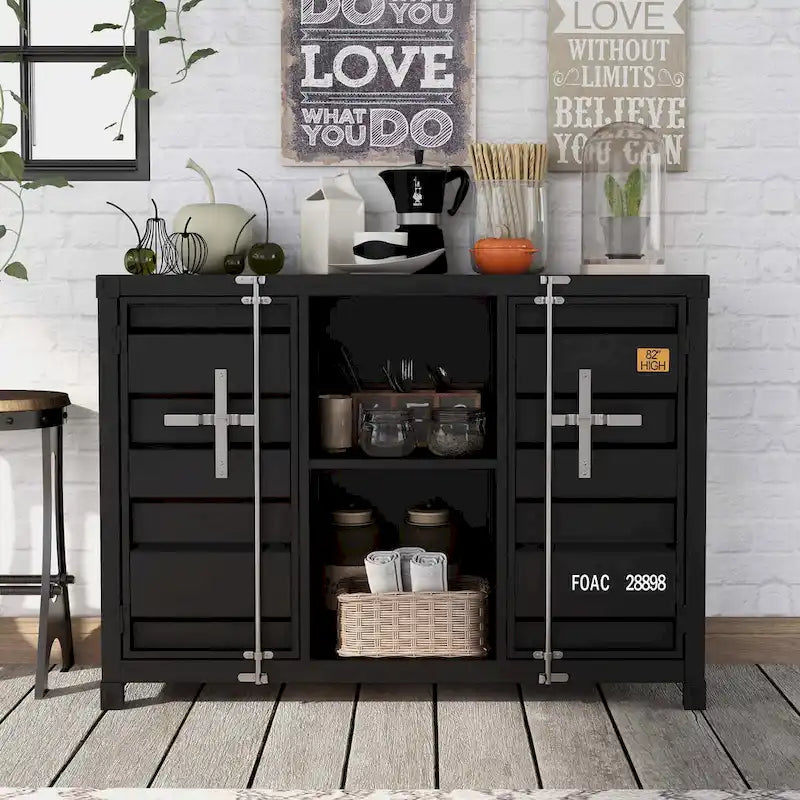 Industrial 46-inch Steel 6-Shelf Console Table with Side Cabinets