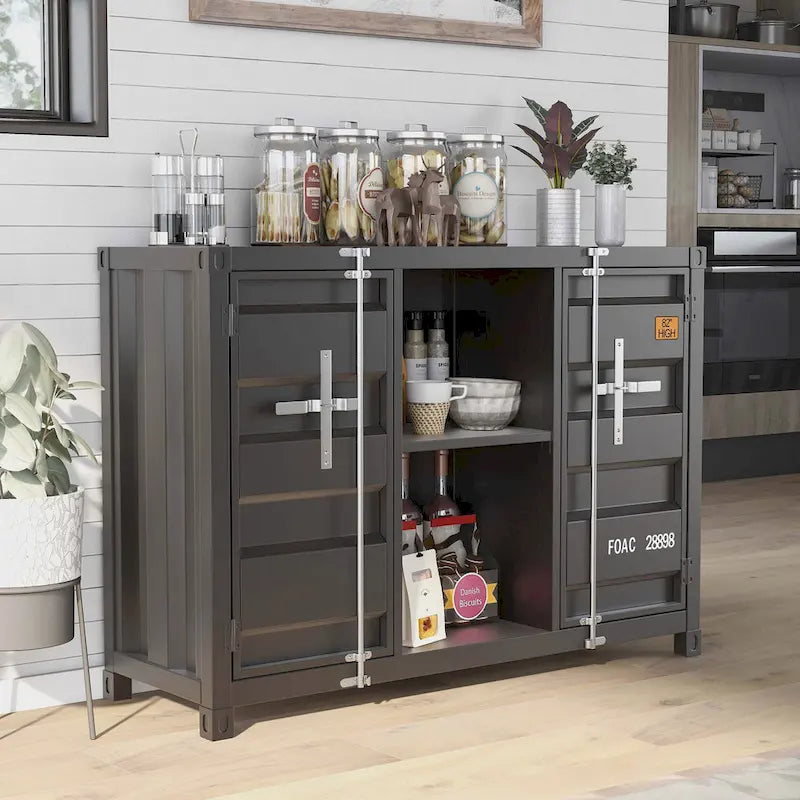 Industrial 46-inch Steel 6-Shelf Console Table with Side Cabinets