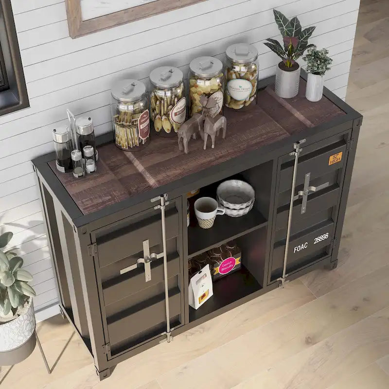 Industrial 46-inch Steel 6-Shelf Console Table with Side Cabinets