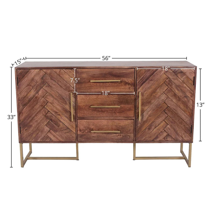 2-Door 3-Drawer Herringbone Mango Wood Cabinet