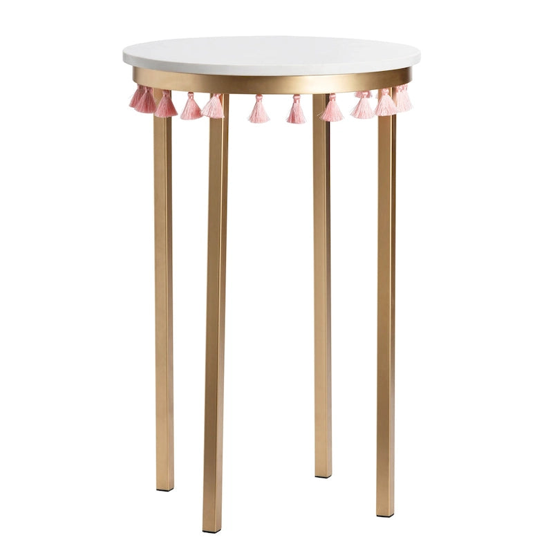 Marble Top Accent Table with Pink Tassels - 16 x 16 x 24
