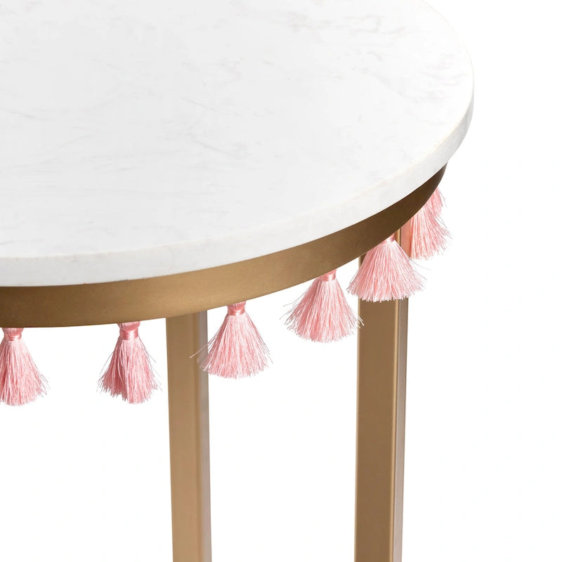 Marble Top Accent Table with Pink Tassels - 16 x 16 x 24