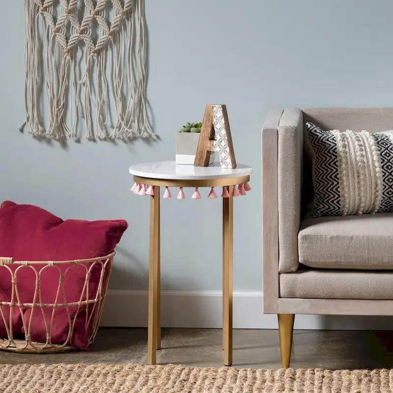 Marble Top Accent Table with Pink Tassels - 16 x 16 x 24