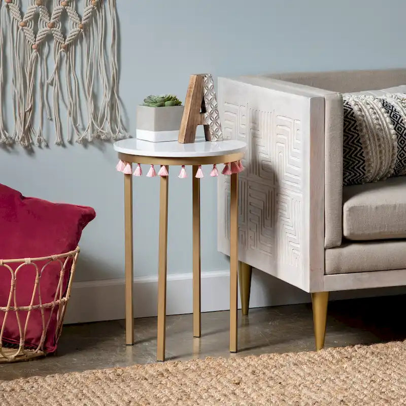Marble Top Accent Table with Pink Tassels - 16 x 16 x 24