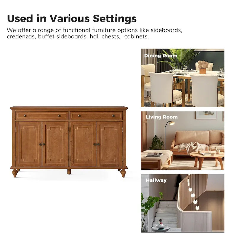 58" Traditional Wide 2 Drawer Sideboard with Adjustable Shelves