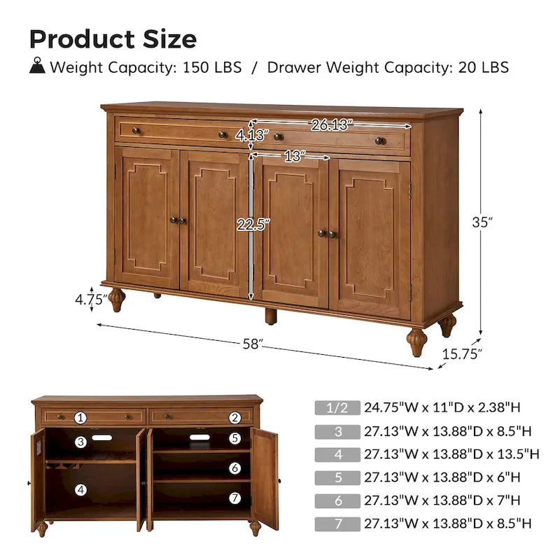 58" Traditional Wide 2 Drawer Sideboard with Adjustable Shelves