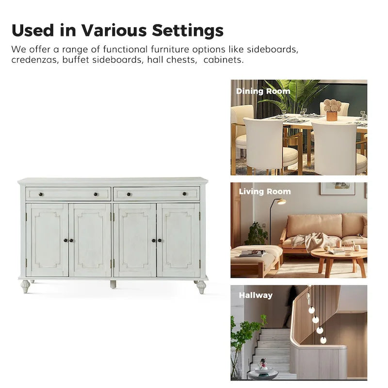 58" Traditional Wide 2 Drawer Sideboard with Adjustable Shelves