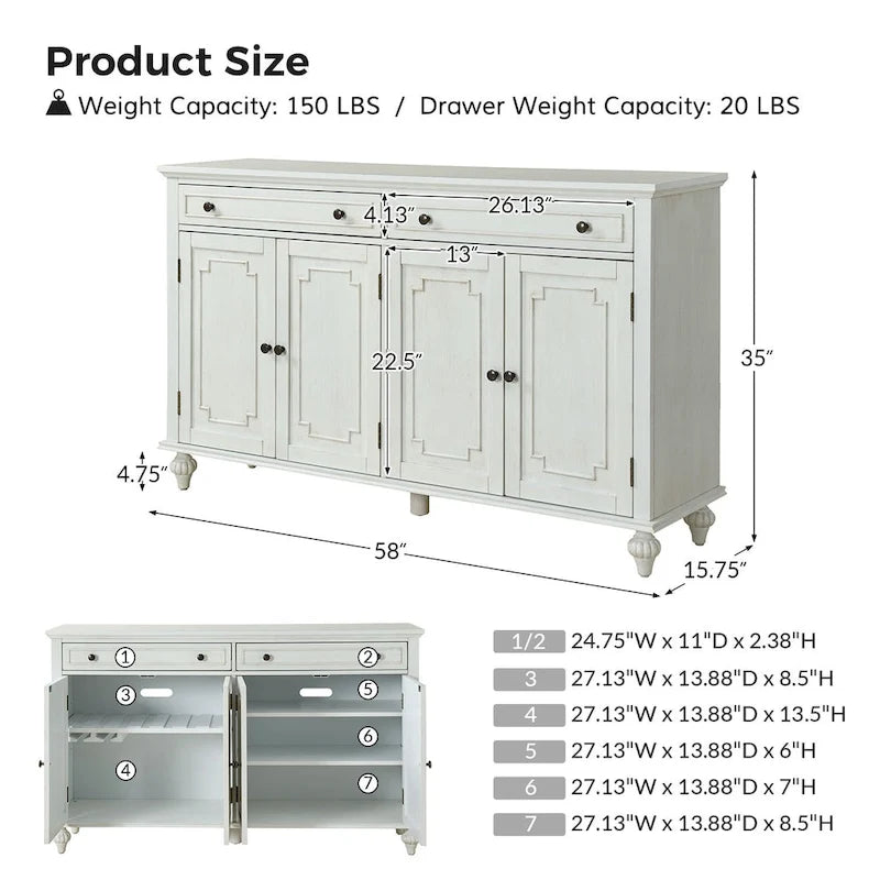 58" Traditional Wide 2 Drawer Sideboard with Adjustable Shelves