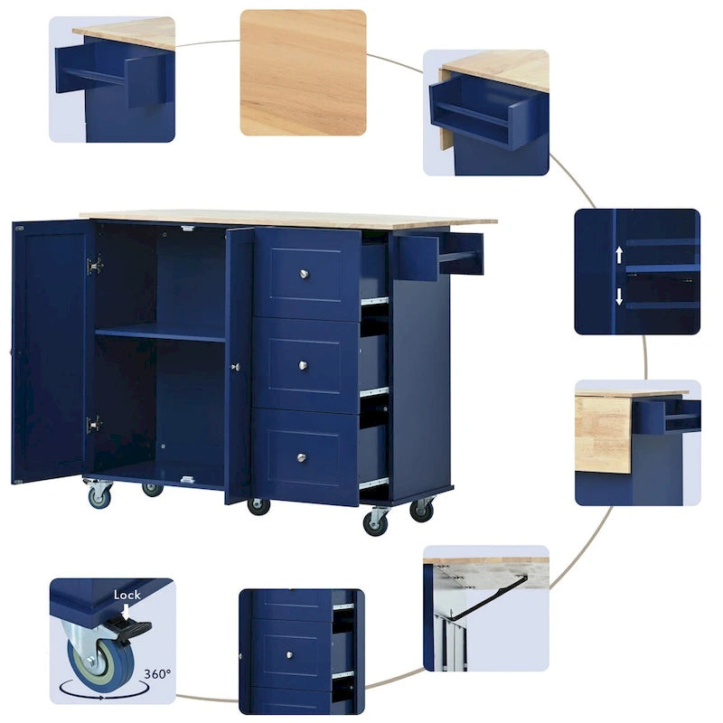Rolling Mobile Kitchen Island with Drop Leaf - Solid Wood Top, Locking Wheels & Storage Cabinet 52.7 Inch Width