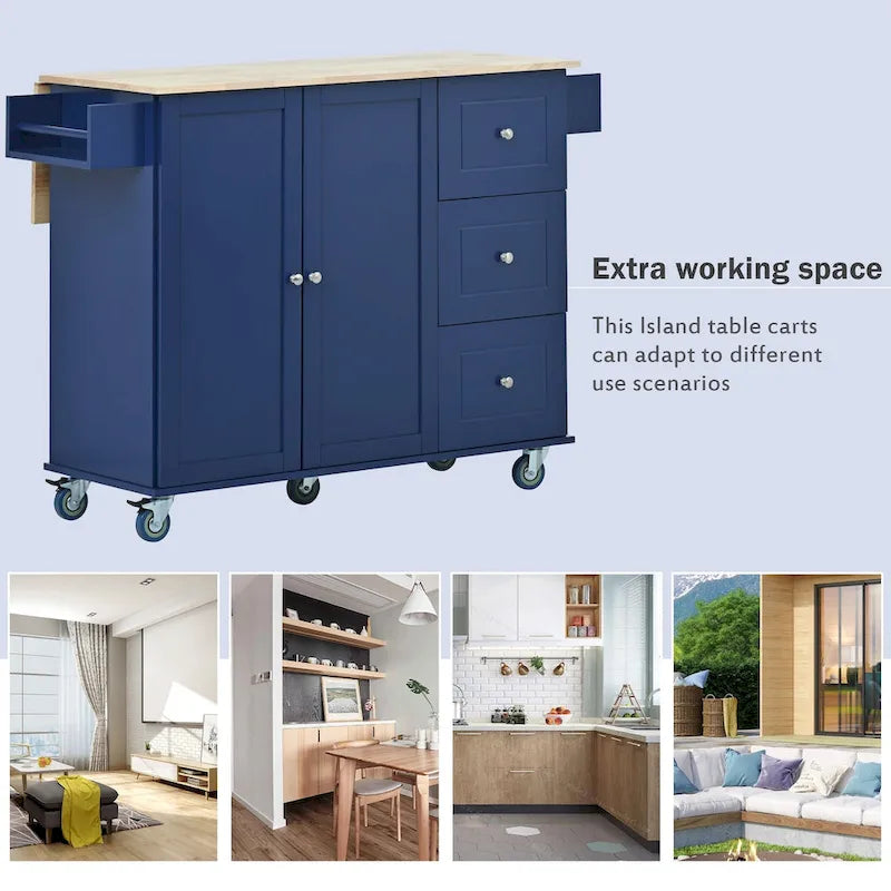 Rolling Mobile Kitchen Island with Drop Leaf - Solid Wood Top, Locking Wheels & Storage Cabinet 52.7 Inch Width