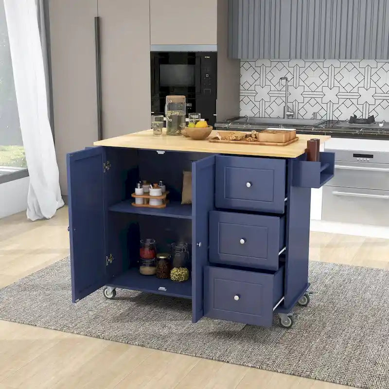 Rolling Mobile Kitchen Island with Drop Leaf - Solid Wood Top, Locking Wheels & Storage Cabinet 52.7 Inch Width