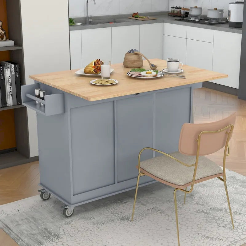 Rolling Mobile Kitchen Island with Drop Leaf - Solid Wood Top, Locking Wheels & Storage Cabinet 52.7 Inch Width
