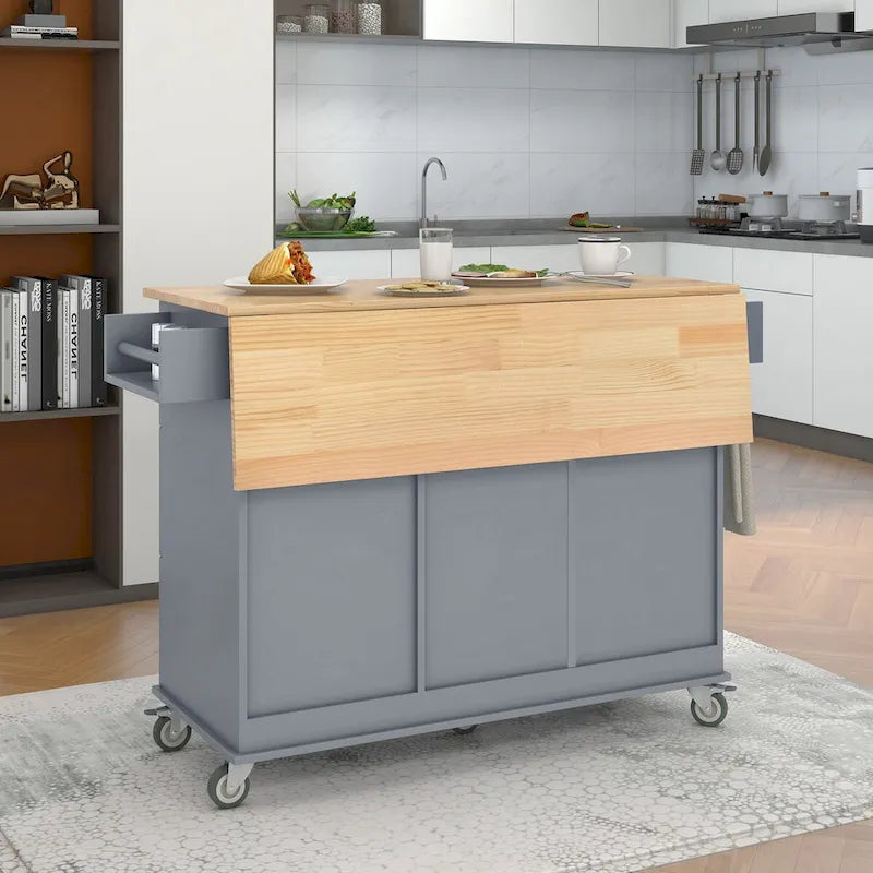 Rolling Mobile Kitchen Island with Drop Leaf - Solid Wood Top, Locking Wheels & Storage Cabinet 52.7 Inch Width