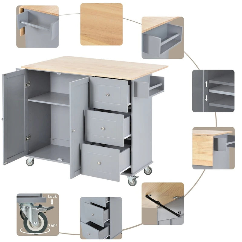 Rolling Mobile Kitchen Island with Drop Leaf - Solid Wood Top, Locking Wheels & Storage Cabinet 52.7 Inch Width