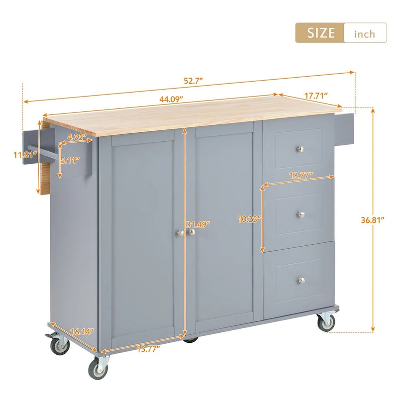 Rolling Mobile Kitchen Island with Drop Leaf - Solid Wood Top, Locking Wheels & Storage Cabinet 52.7 Inch Width