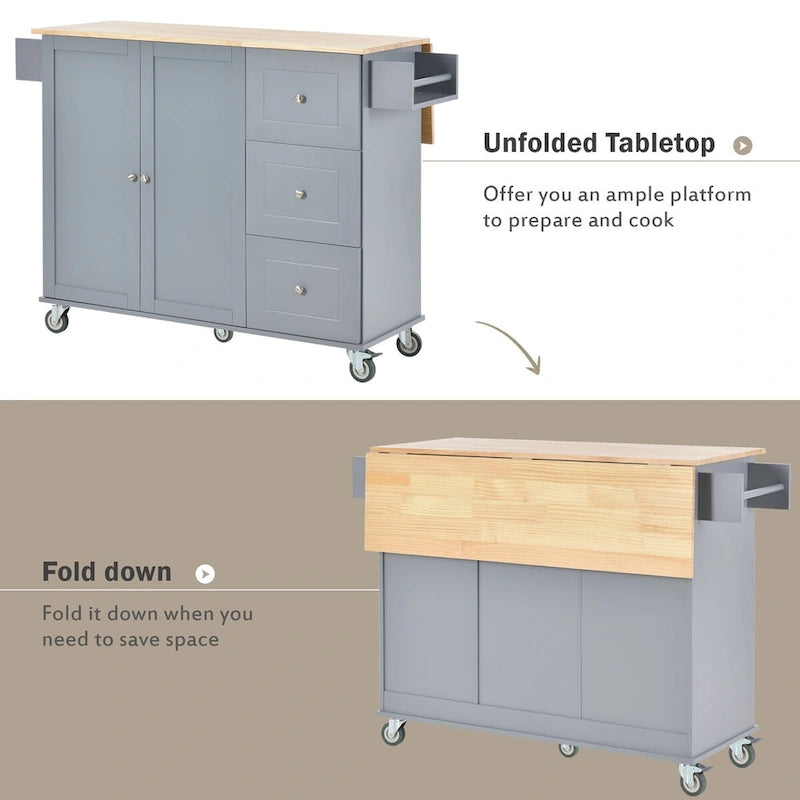 Rolling Mobile Kitchen Island with Drop Leaf - Solid Wood Top, Locking Wheels & Storage Cabinet 52.7 Inch Width