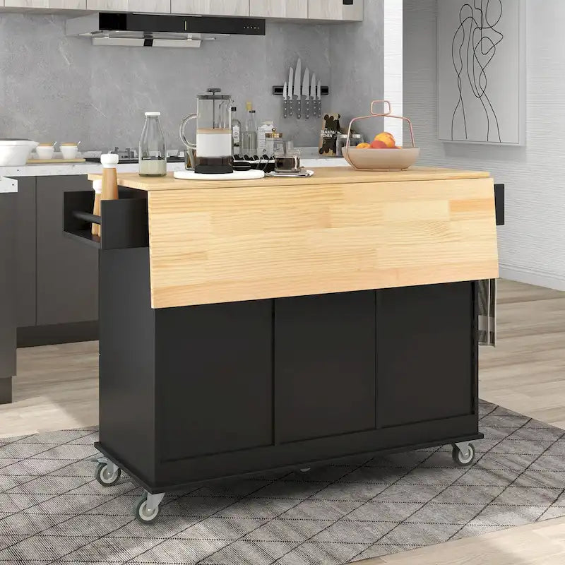 Rolling Mobile Kitchen Island with Drop Leaf - Solid Wood Top, Locking Wheels & Storage Cabinet 52.7 Inch Width