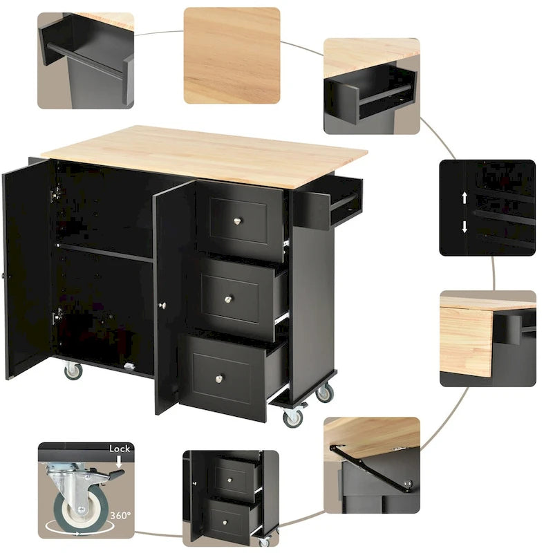 Rolling Mobile Kitchen Island with Drop Leaf - Solid Wood Top, Locking Wheels & Storage Cabinet 52.7 Inch Width