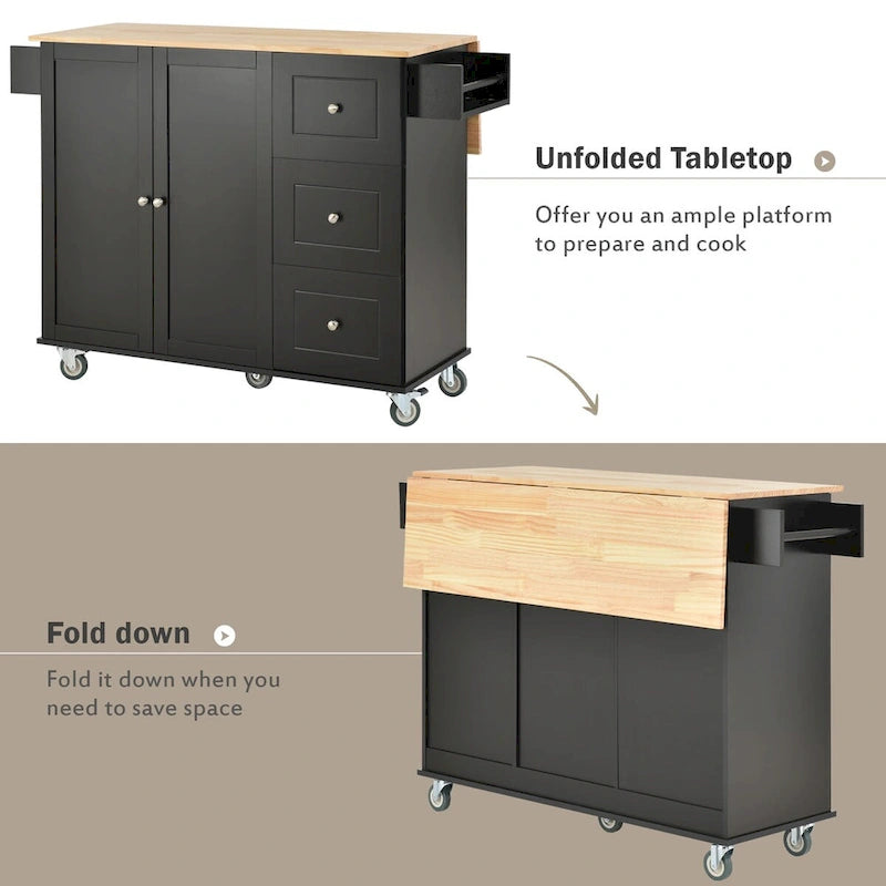 Rolling Mobile Kitchen Island with Drop Leaf - Solid Wood Top, Locking Wheels & Storage Cabinet 52.7 Inch Width