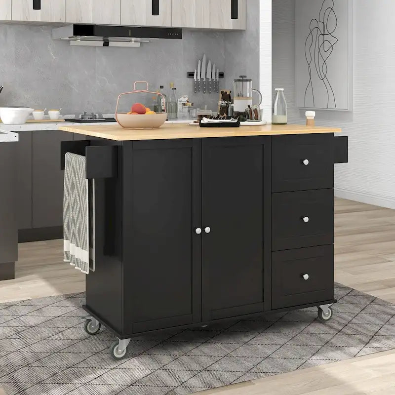 Rolling Mobile Kitchen Island with Drop Leaf - Solid Wood Top, Locking Wheels & Storage Cabinet 52.7 Inch Width