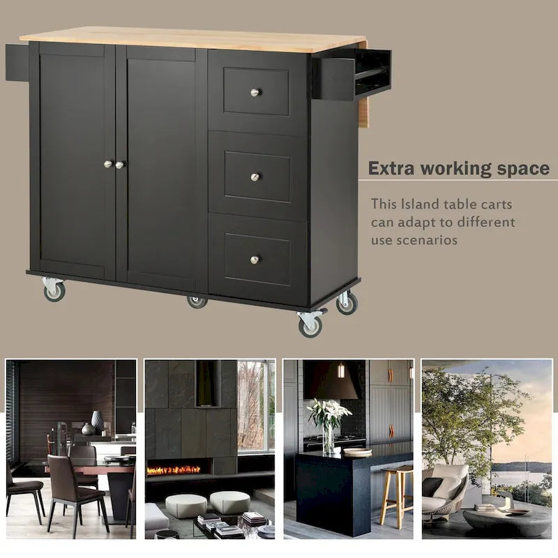 Rolling Mobile Kitchen Island with Drop Leaf - Solid Wood Top, Locking Wheels & Storage Cabinet 52.7 Inch Width