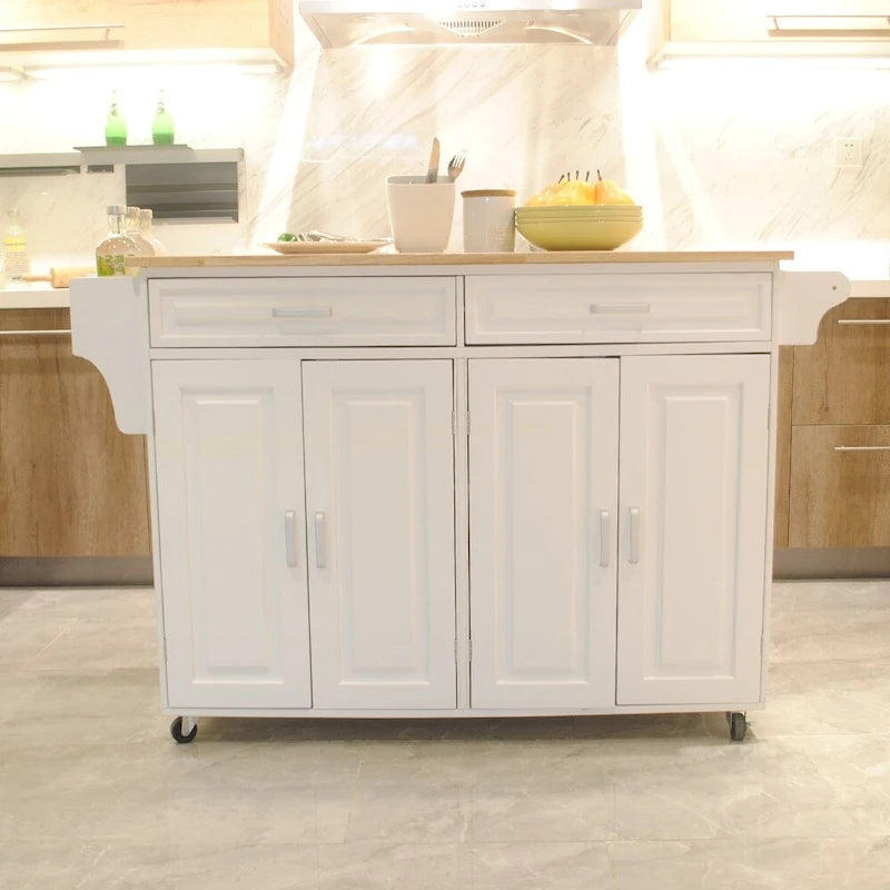 Kitchen Island & Kitchen Cart, Rubber Wood Top, Big & Adjustable Shelf Inside Cabinet for Different Utensils.
