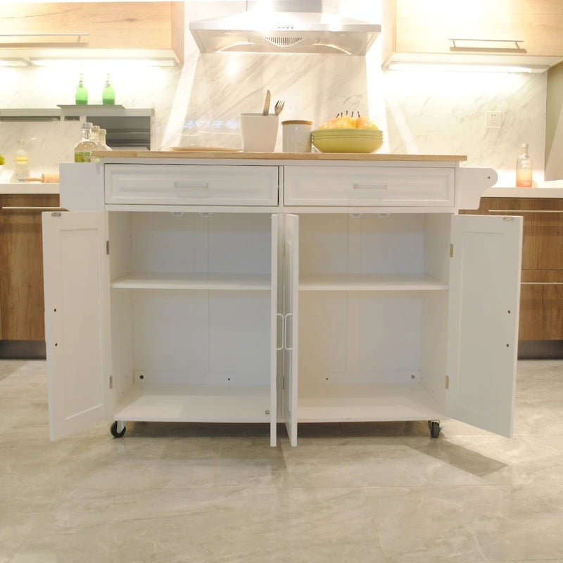 Kitchen Island & Kitchen Cart, Rubber Wood Top, Big & Adjustable Shelf Inside Cabinet for Different Utensils.