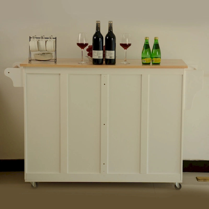 Kitchen Island & Kitchen Cart, Rubber Wood Top, Big & Adjustable Shelf Inside Cabinet for Different Utensils.