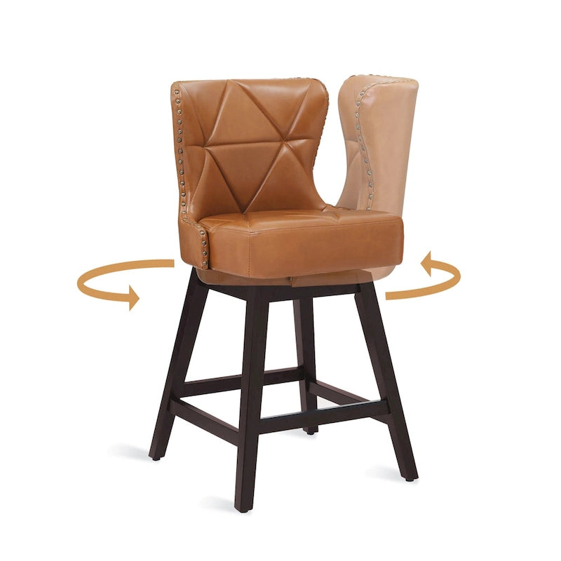 26 in. Mid-Century Modern Swivel Bar Stools Faux Leather and Linen Counter Stools with Wood Frame Set of 3