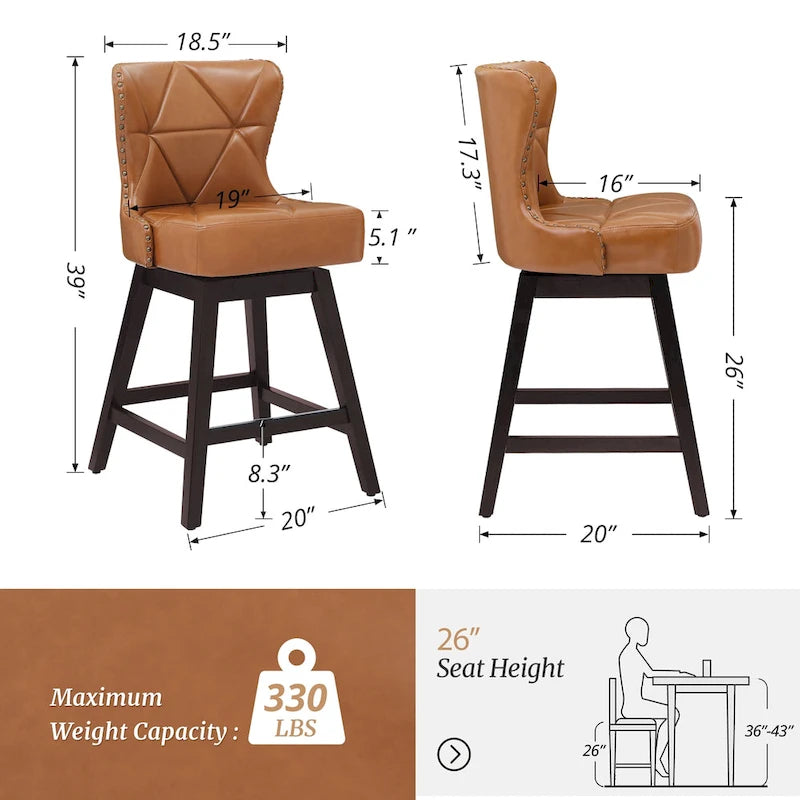 26 in. Mid-Century Modern Swivel Bar Stools Faux Leather and Linen Counter Stools with Wood Frame Set of 3