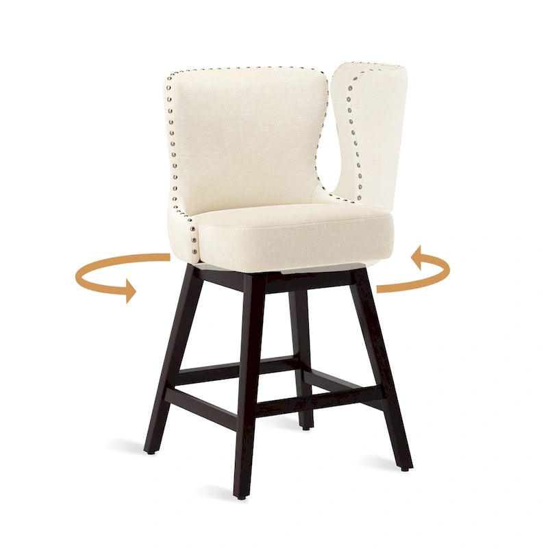26 in. Mid-Century Modern Swivel Bar Stools Faux Leather and Linen Counter Stools with Wood Frame Set of 3