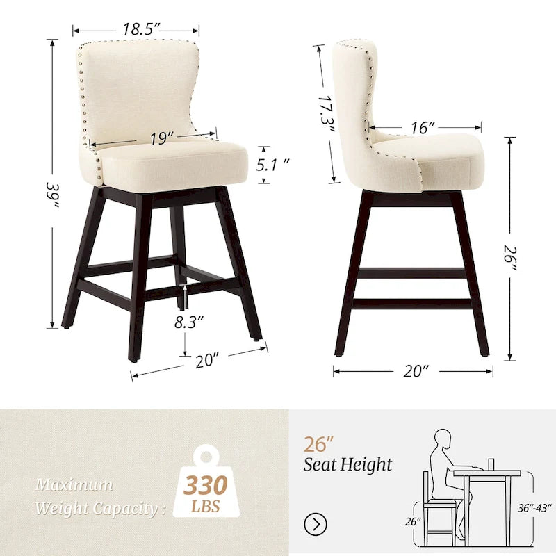 26 in. Mid-Century Modern Swivel Bar Stools Faux Leather and Linen Counter Stools with Wood Frame Set of 3
