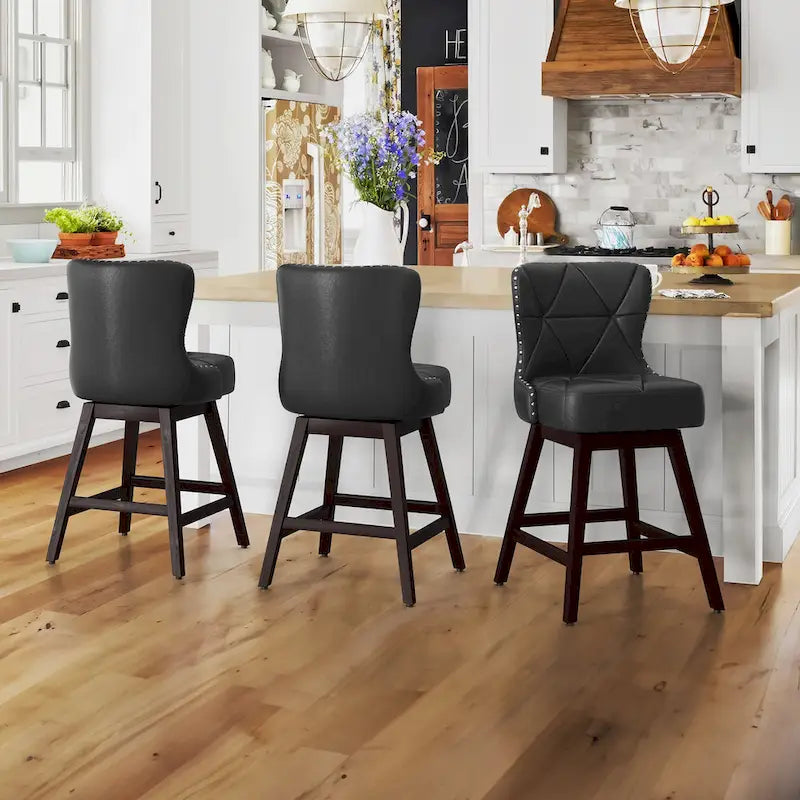 26 in. Mid-Century Modern Swivel Bar Stools Faux Leather and Linen Counter Stools with Wood Frame Set of 3