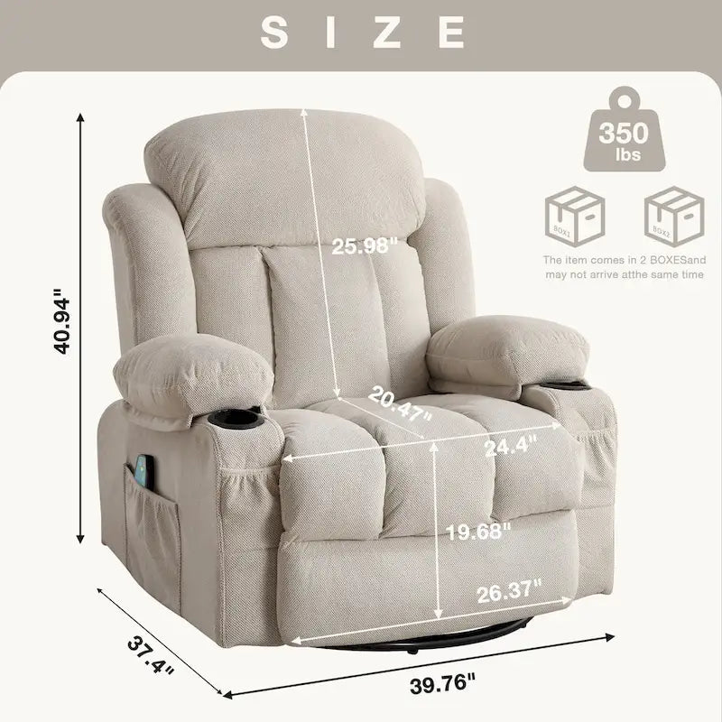 Dotted Velvet Massage Heated Manual Recliner Chair w/360 Swivel Base