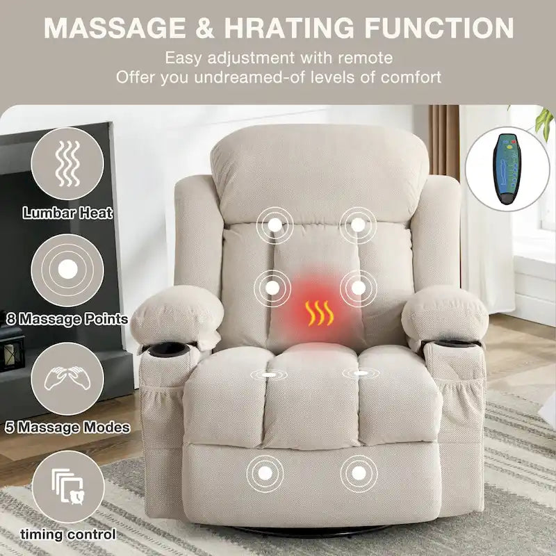 Dotted Velvet Massage Heated Manual Recliner Chair w/360 Swivel Base