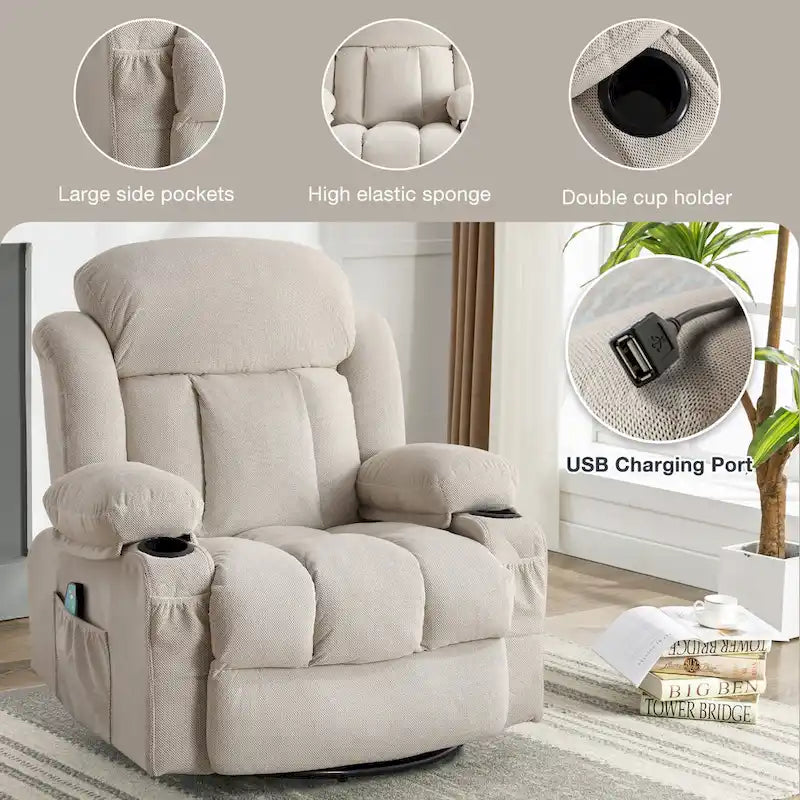 Dotted Velvet Massage Heated Manual Recliner Chair w/360 Swivel Base