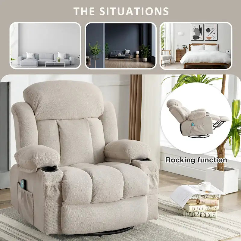 Dotted Velvet Massage Heated Manual Recliner Chair w/360 Swivel Base