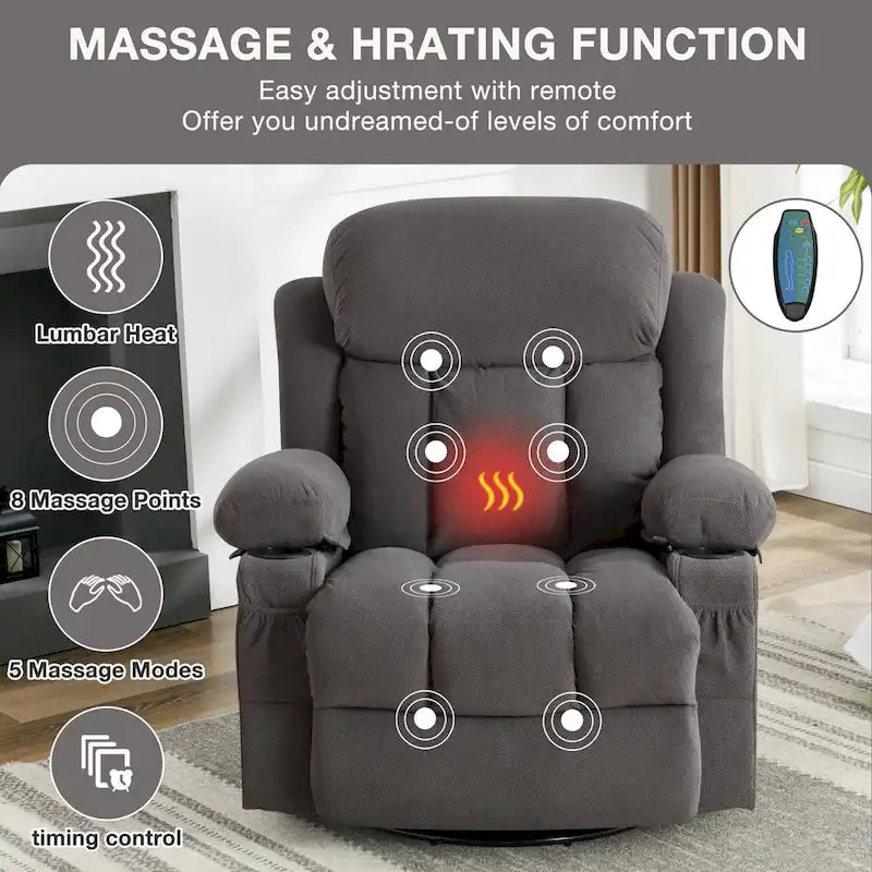 Dotted Velvet Massage Heated Manual Recliner Chair w/360 Swivel Base