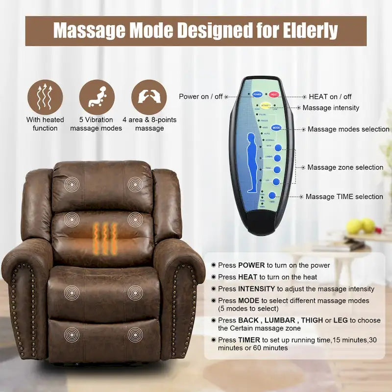 Faux Leather Oversized Power Lift Recliner Remote, Massage& Heating