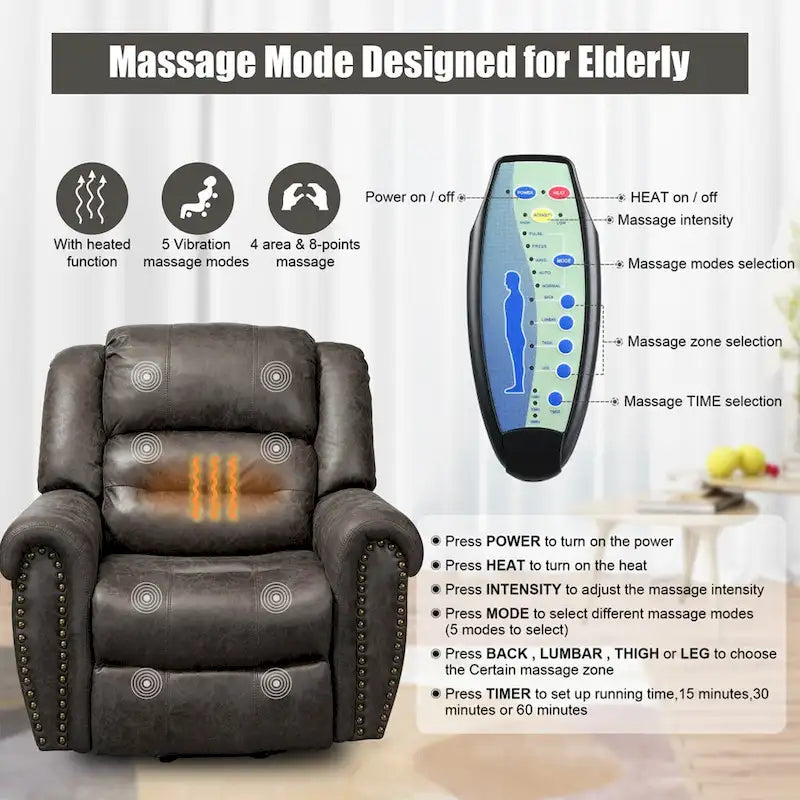 Faux Leather Oversized Power Lift Recliner Remote, Massage& Heating
