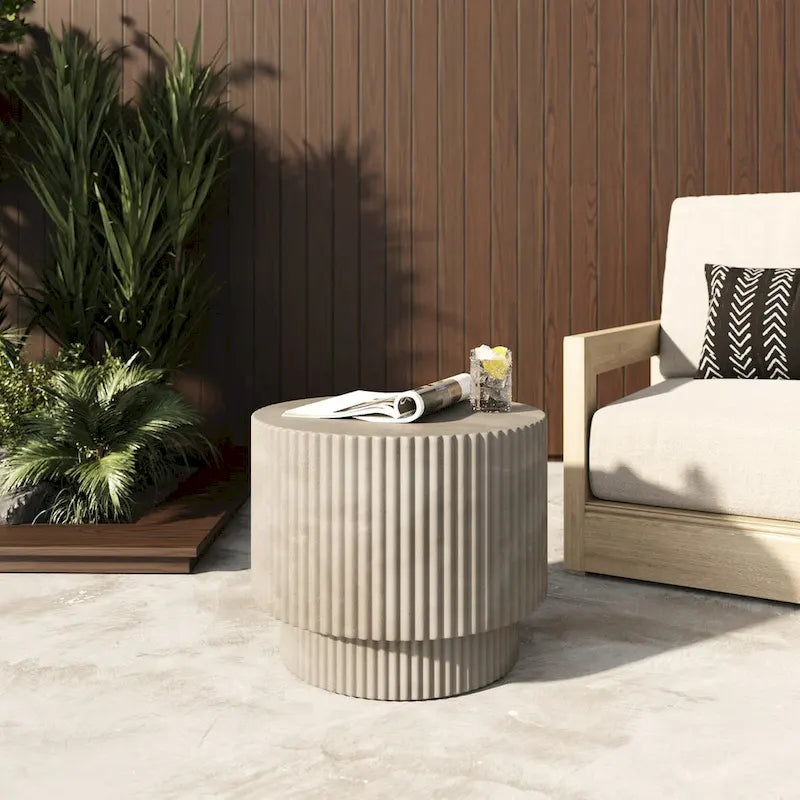 Modern Grey Ribbed Concrete Cylindrical End Table