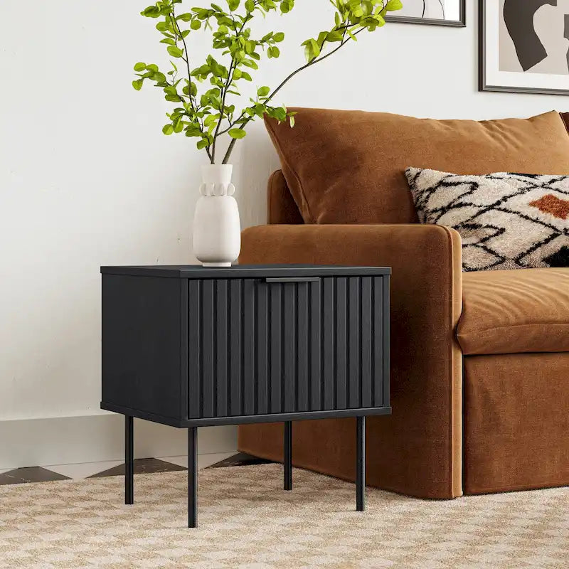 Fluted Side Table with Drawer, Black Wood Grain Finish