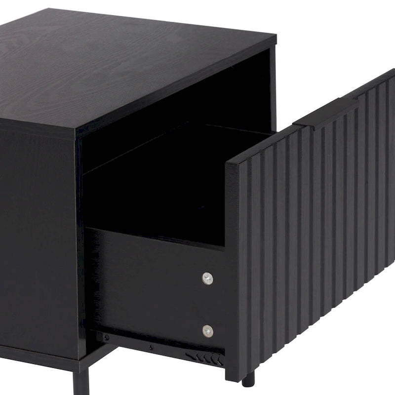 Fluted Side Table with Drawer, Black Wood Grain Finish