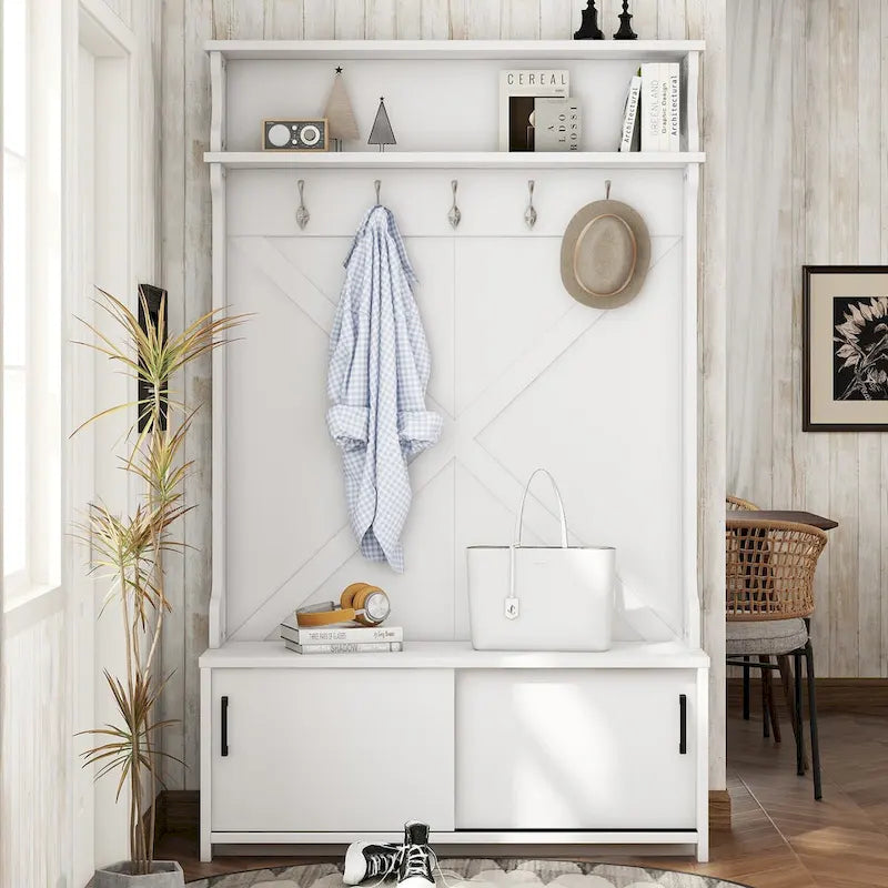 Hall Tree with Top Shelf and Storage Bench, Hallway Shoe Cabinet with Sliding Doors, Coat Rack with 5 Hanging Hooks