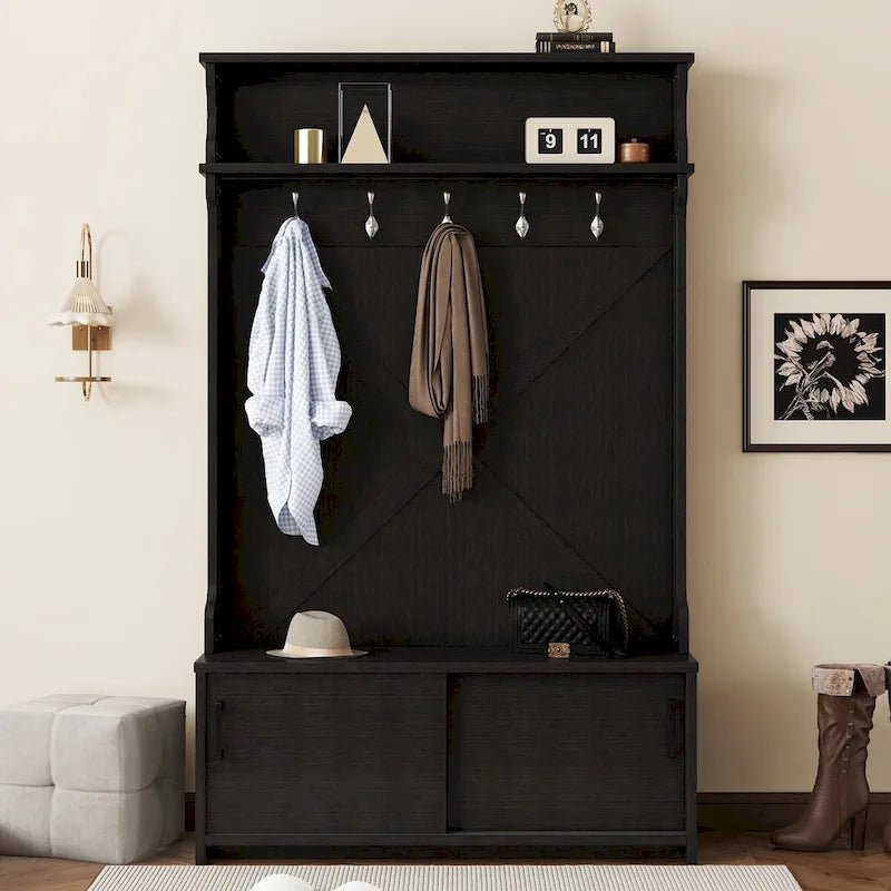 Hall Tree with Top Shelf and Storage Bench, Hallway Shoe Cabinet with Sliding Doors, Coat Rack with 5 Hanging Hooks